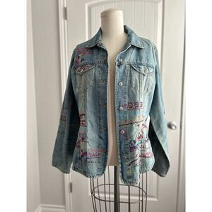 CHICO'S Southwestern/Aztec Embroidered‎ Denim Jacket Size 1